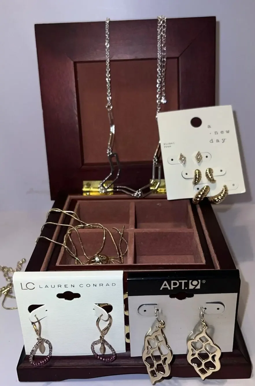 Vtg Cherry Wood Jewelry Box Trinket Style 6x6 Plus Two New Necklaces 6 Earrings